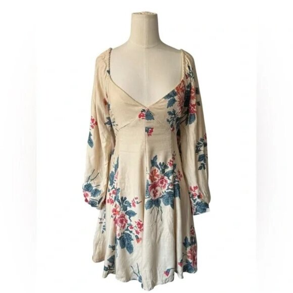Free People Francesca Mini Dress Ivory Floral Long Sleeve V-Neck Size XSmall - Picture 1 of 10